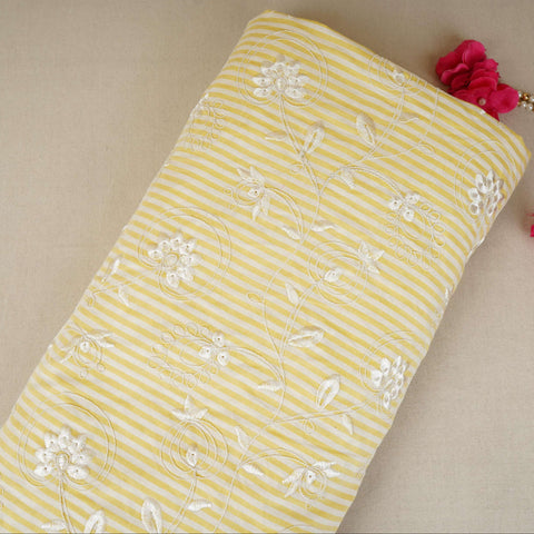 Light Yellow Stripes Floral Embroidery South Cotton Fabric ZA-30583