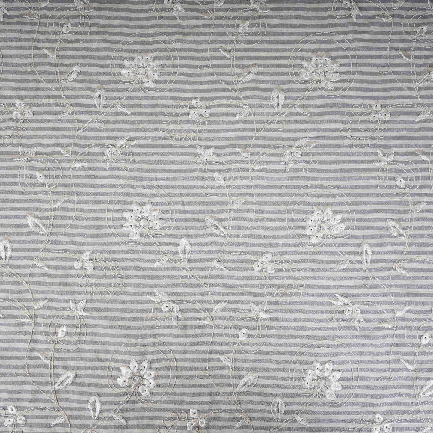 Grey Stripes Floral Embroidery South Cotton Fabric ZA-30586