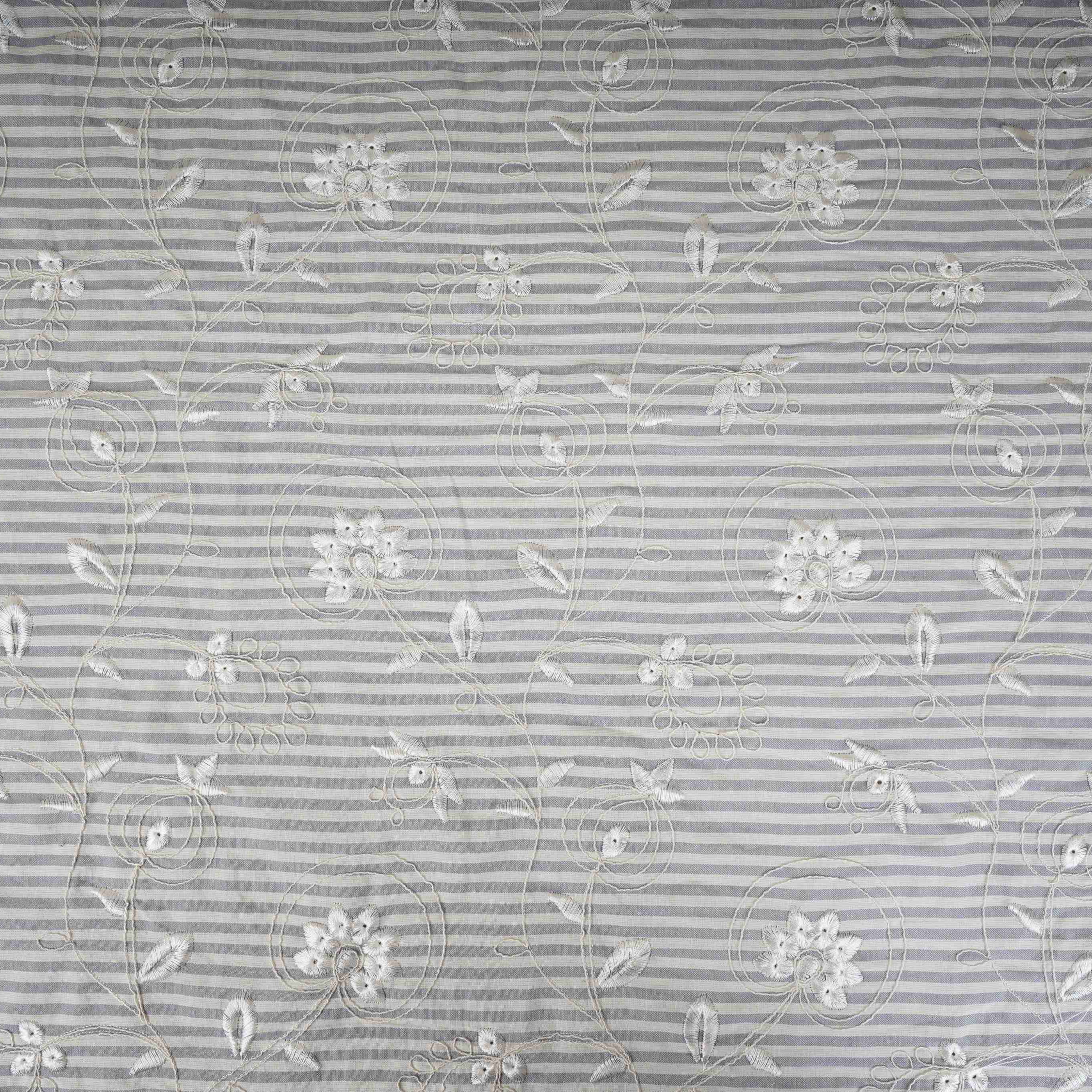 Grey Stripes Floral Embroidery South Cotton Fabric ZA-30586 - TradeUNO
