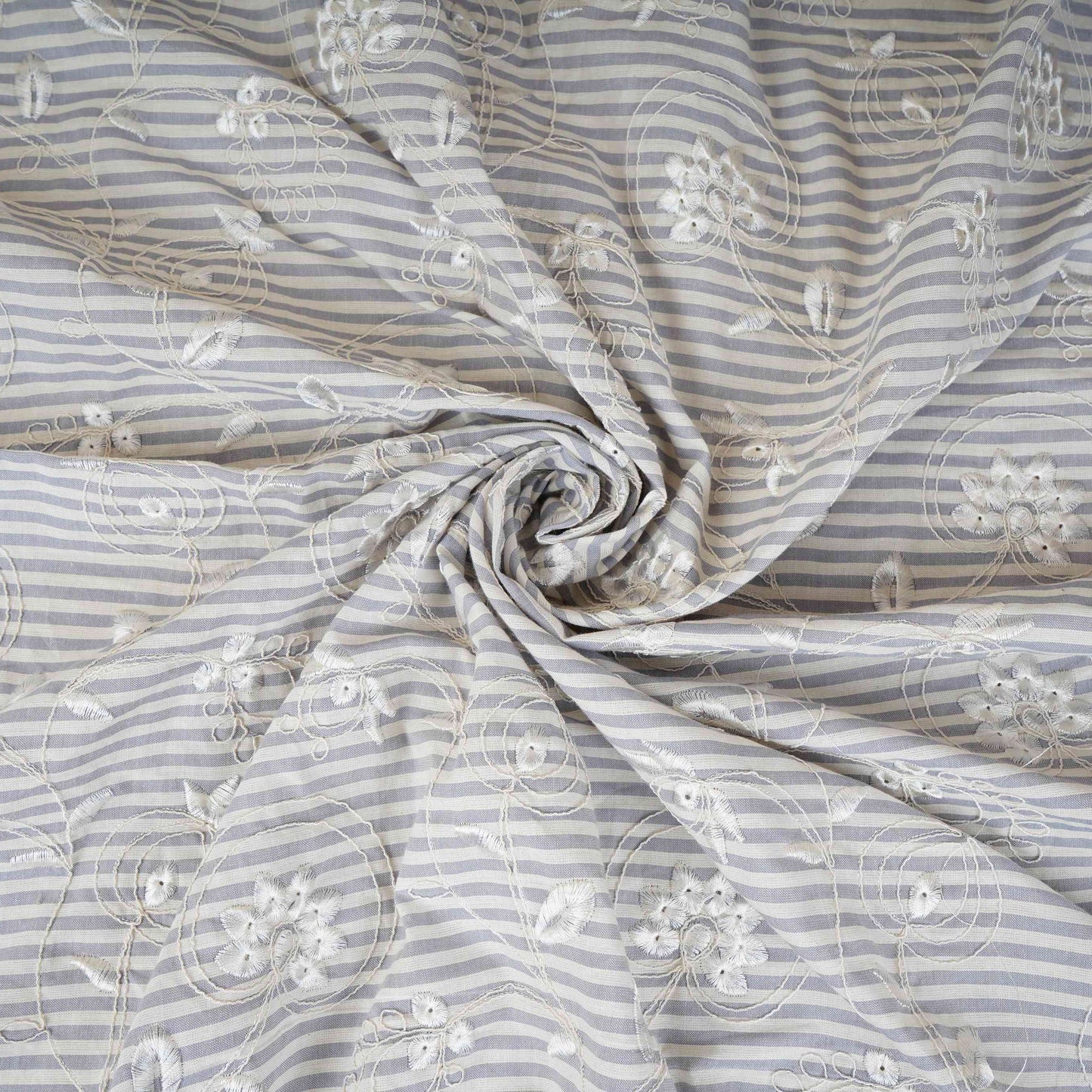 Grey Stripes Floral Embroidery South Cotton Fabric ZA-30586