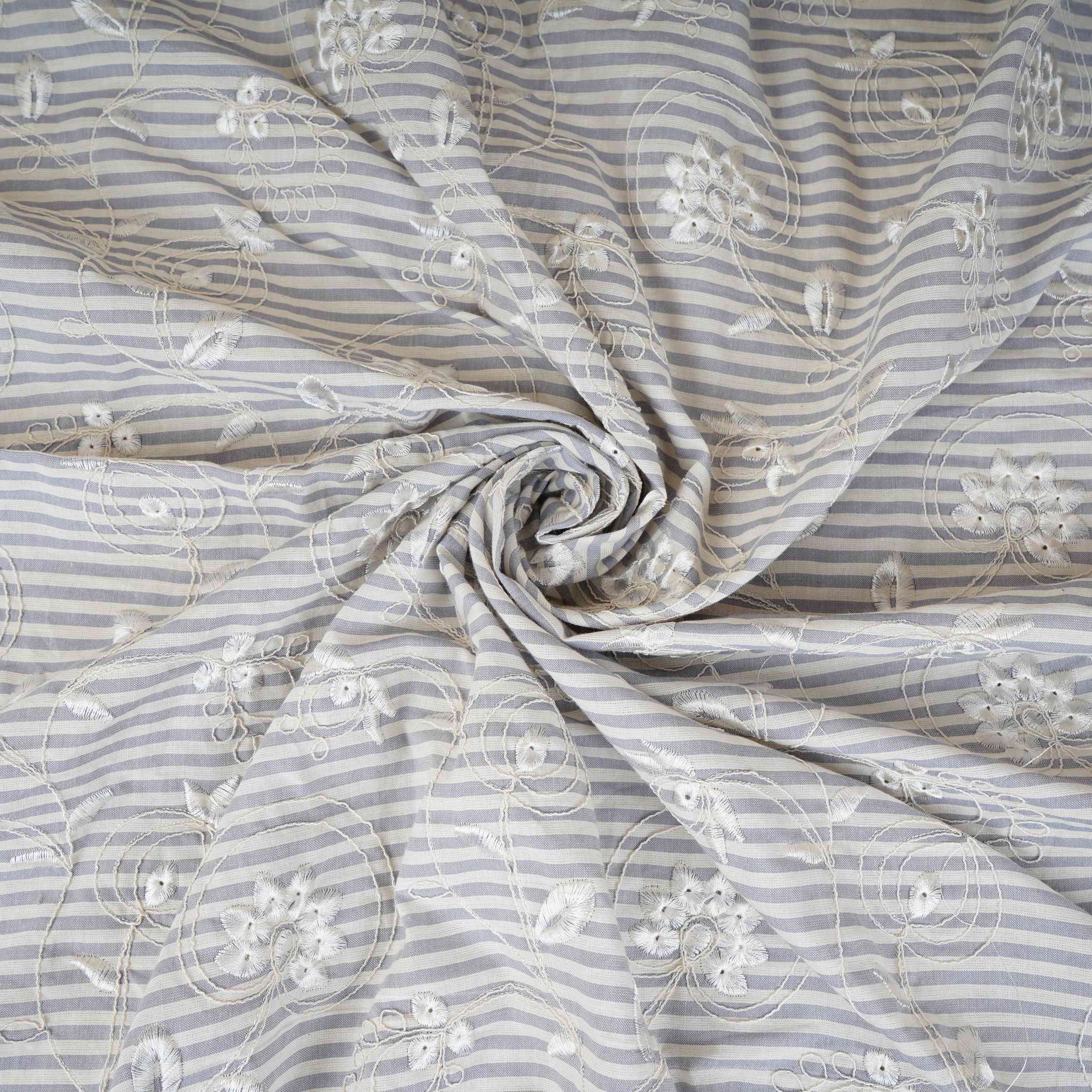 Grey Stripes Floral Embroidery South Cotton Fabric ZA-30586 - TradeUNO