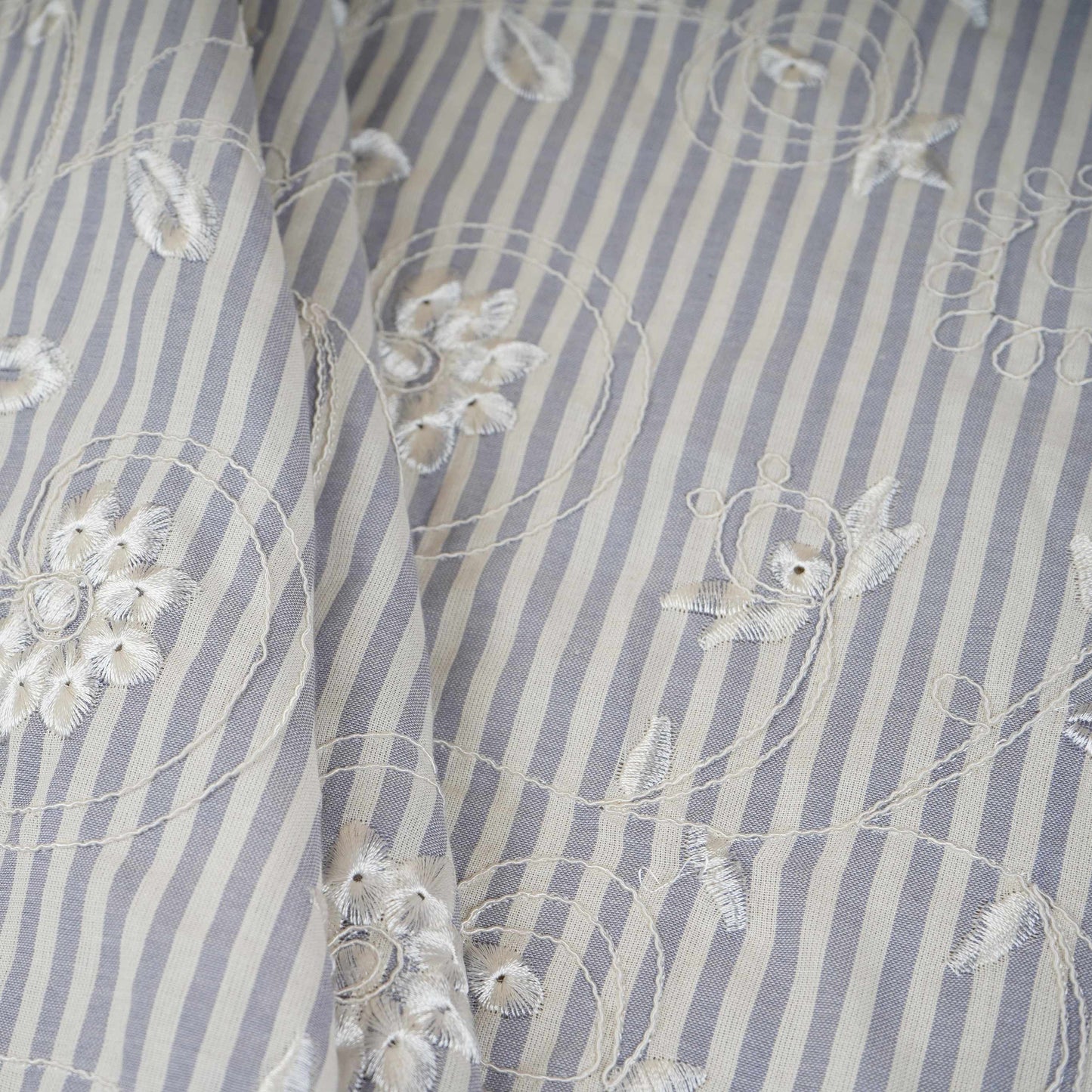 Grey Stripes Floral Embroidery South Cotton Fabric ZA-30586