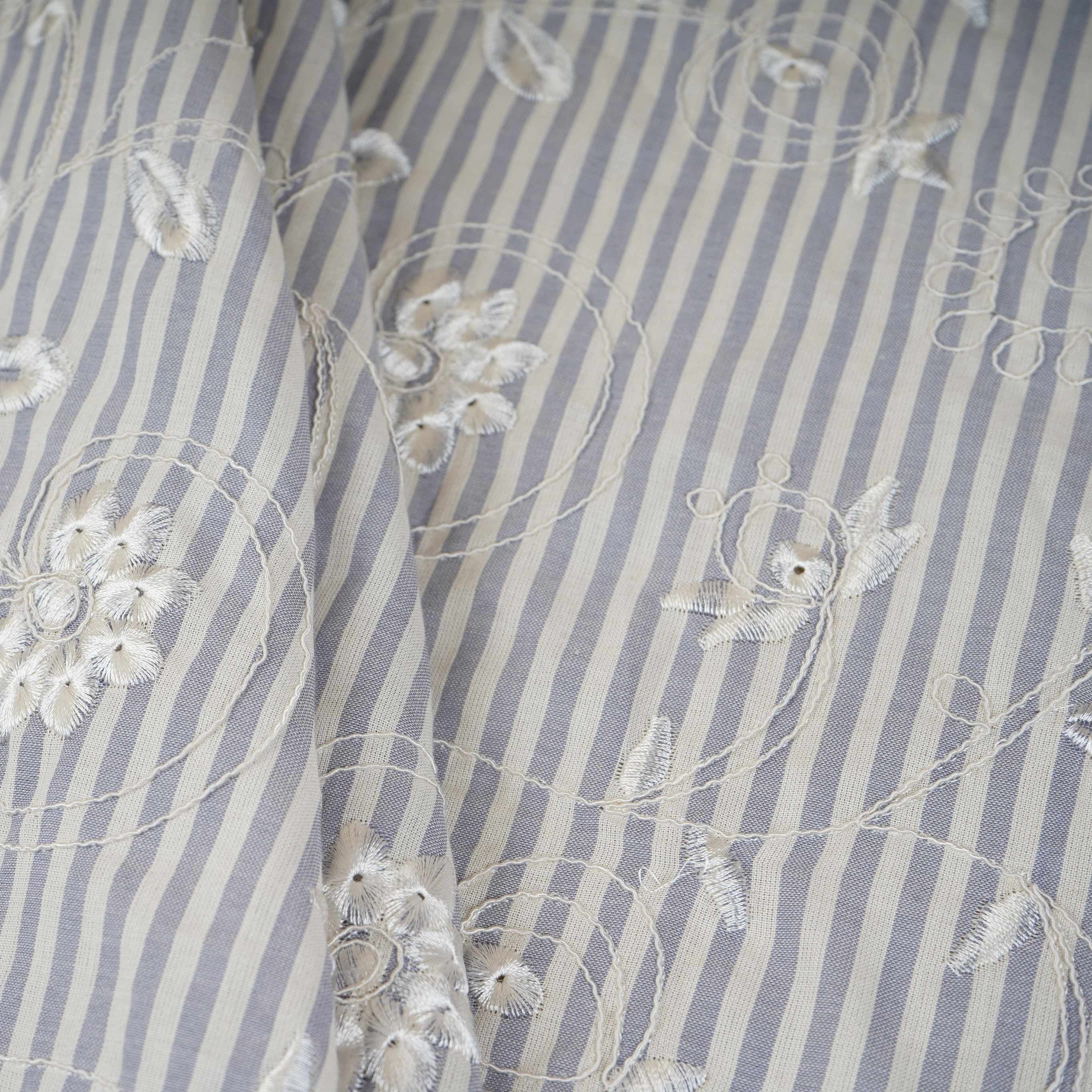 Grey Stripes Floral Embroidery South Cotton Fabric ZA-30586 - TradeUNO