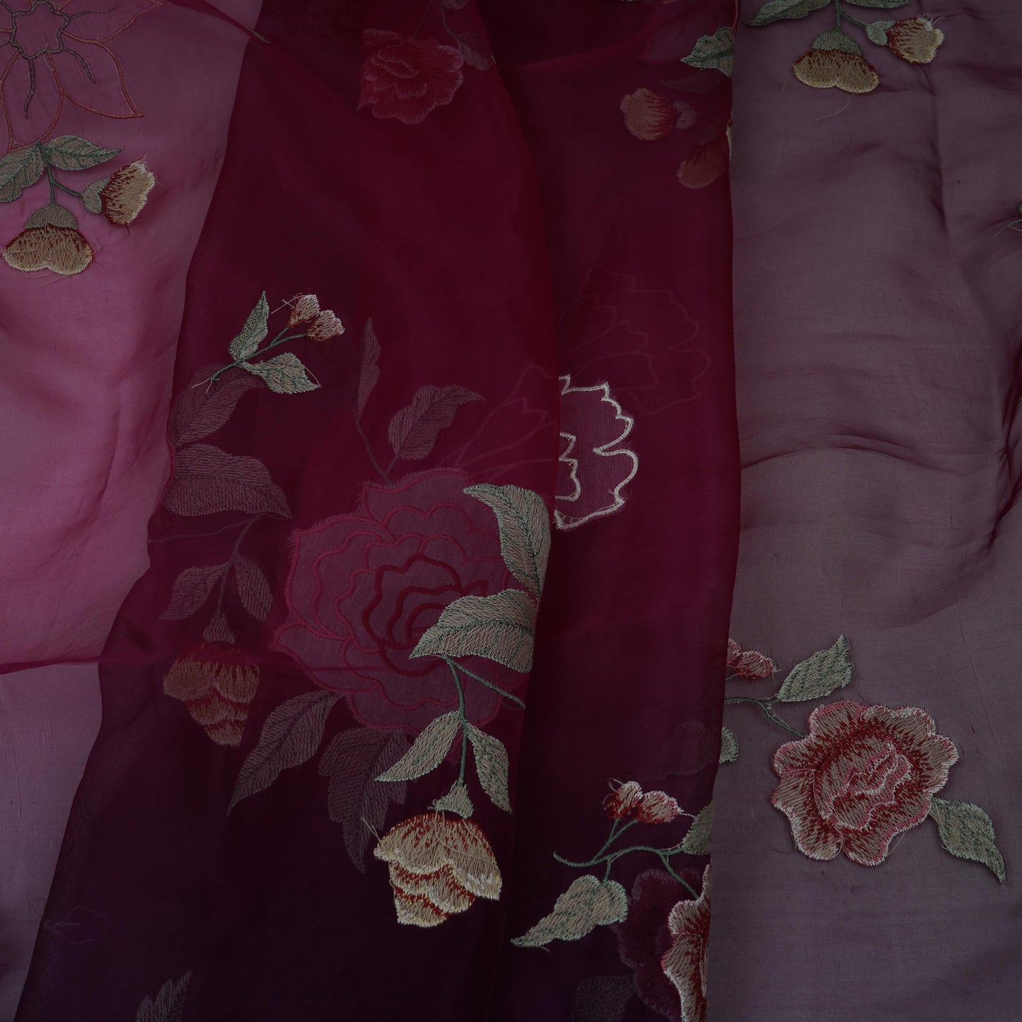 Purple with Wine 4D floral embroidery Pure 27gm Organza Fabric GPF-32280
