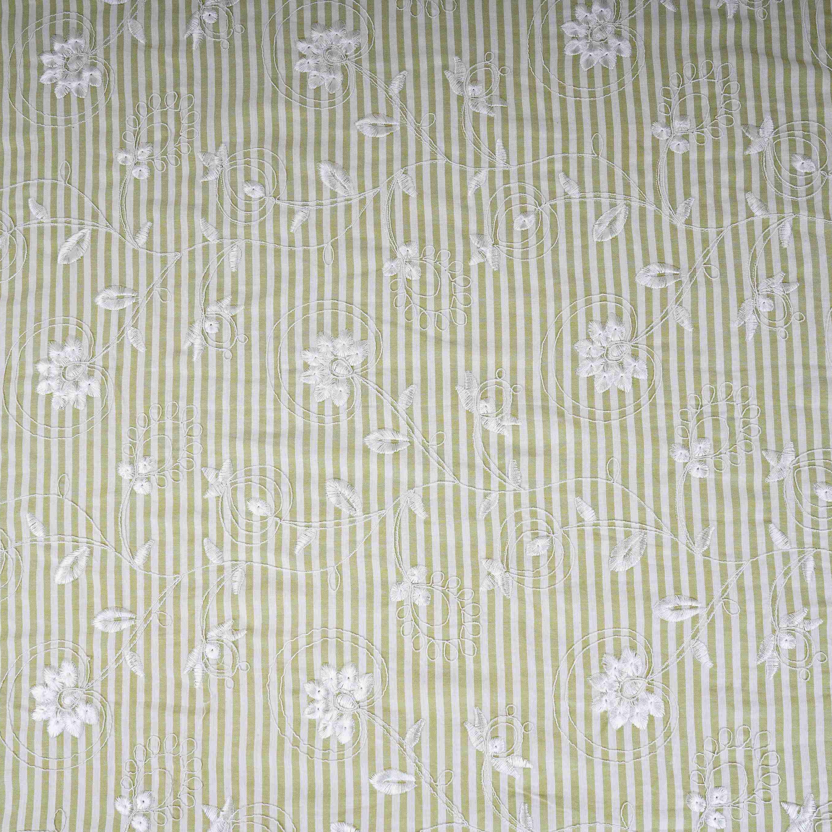 Green Stripes Floral Embroidery South Cotton Fabric ZA-30585 - TradeUNO