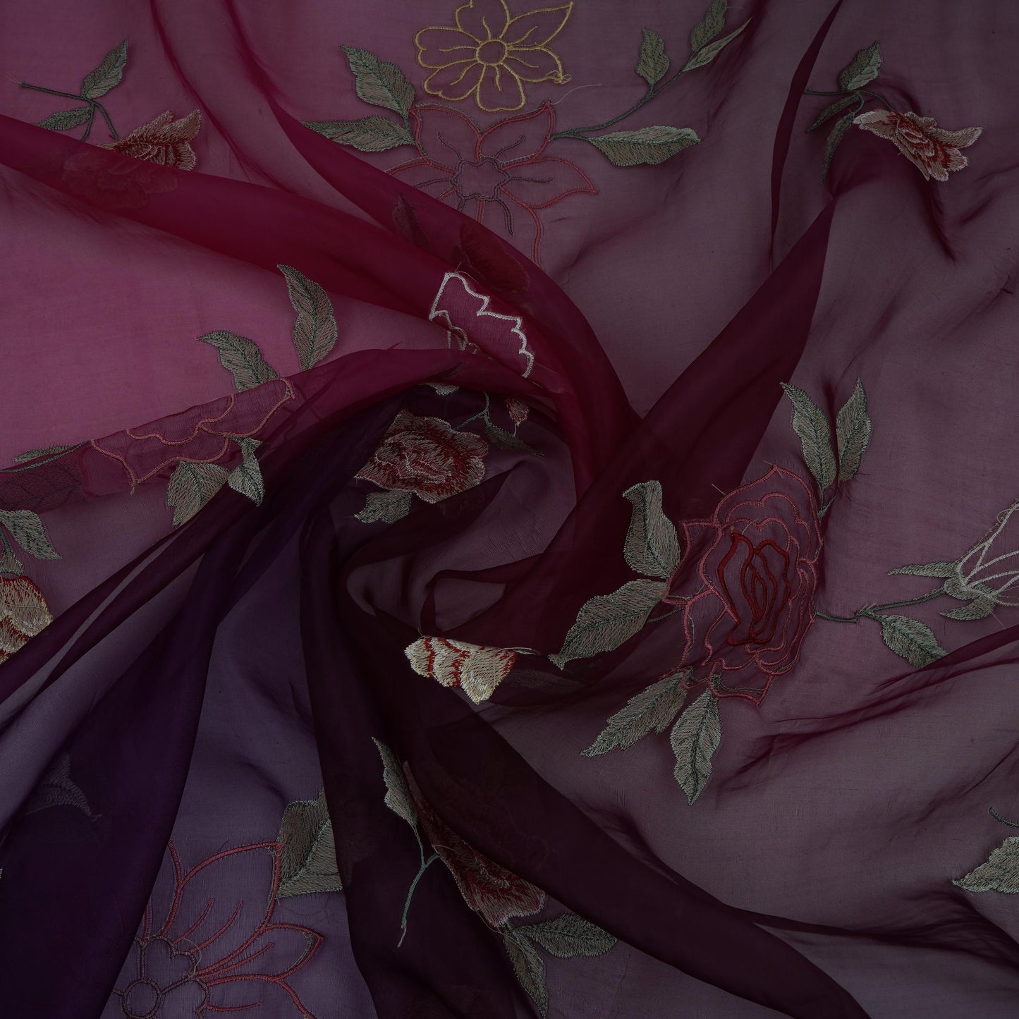 Purple with Wine 4D floral embroidery Pure 27gm Organza Fabric GPF-32280