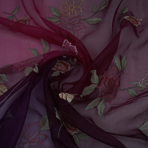 Purple with Wine 4D floral embroidery Pure 27gm Organza Fabric GPF-32280