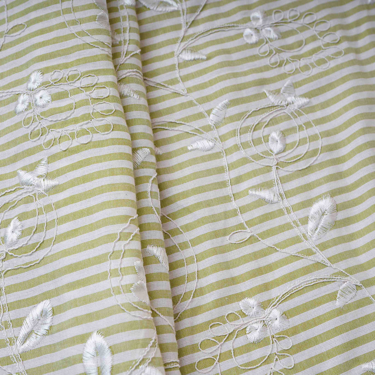 Green Stripes Floral Embroidery South Cotton Fabric ZA-30585 - TradeUNO