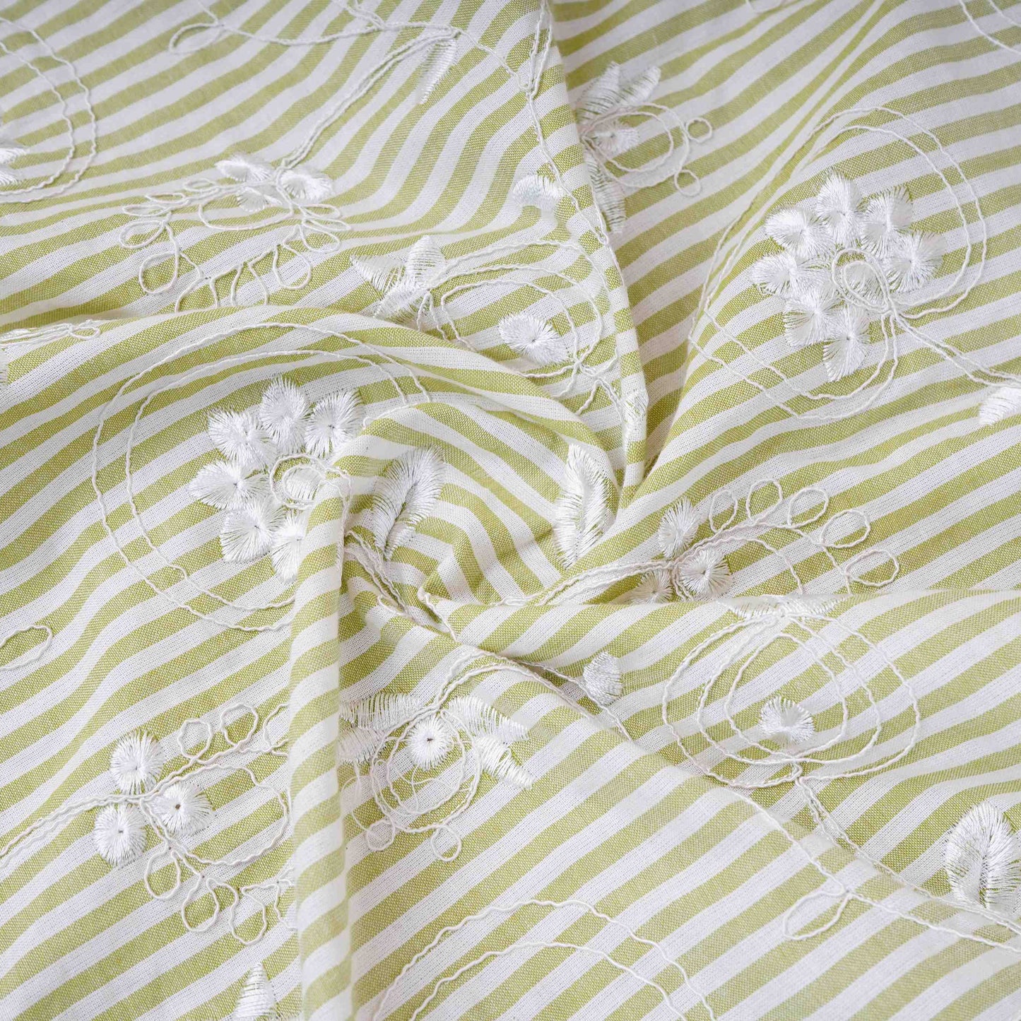 Green Stripes Floral Embroidery South Cotton Fabric ZA-30585