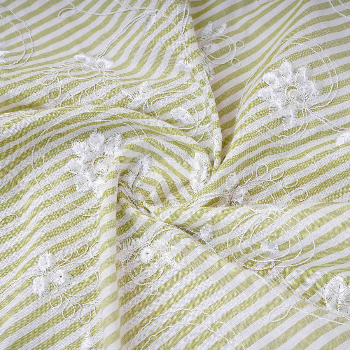 Green Stripes Floral Embroidery South Cotton Fabric ZA-30585 - TradeUNO