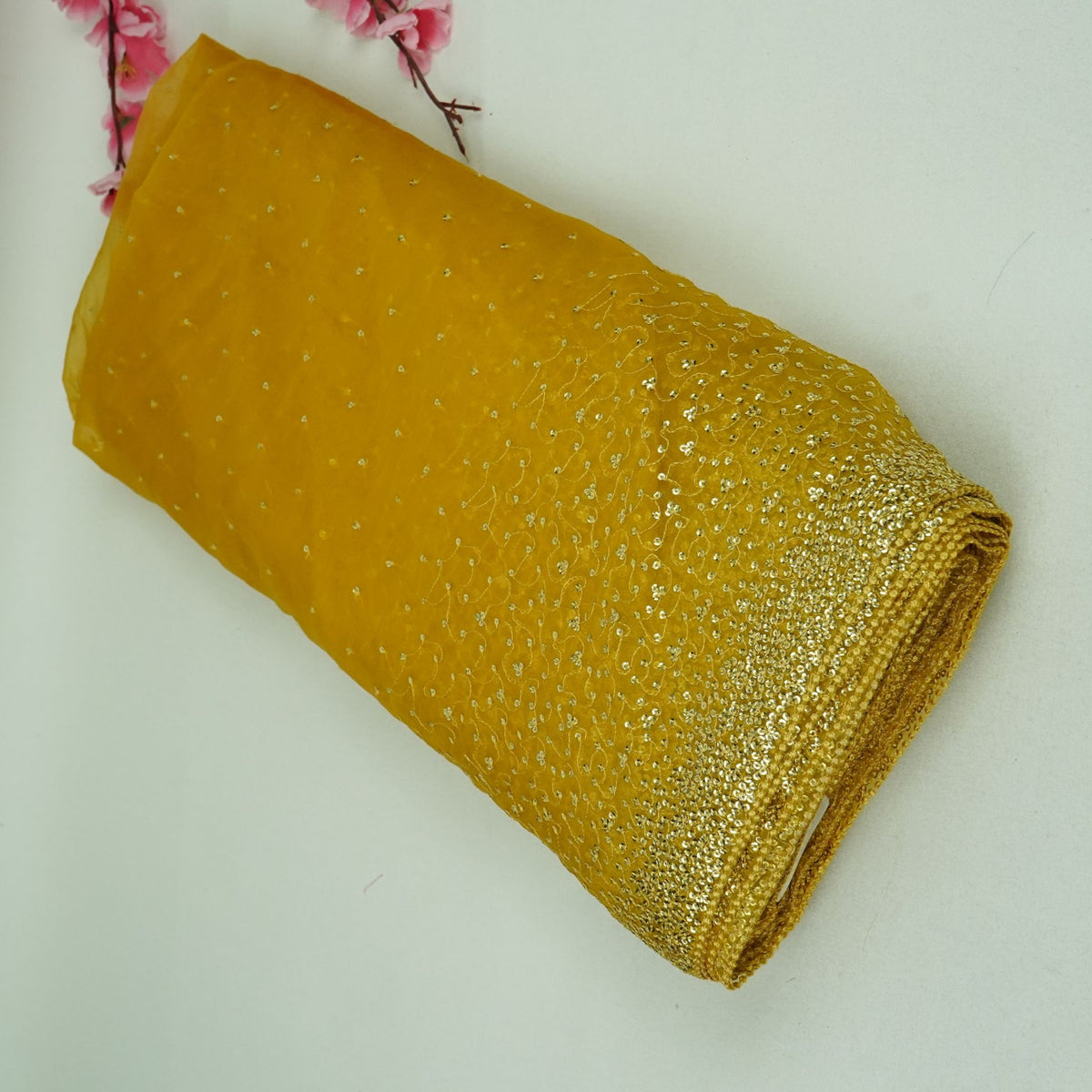 Yellow Sequins Embroidery Kanjivaram Organza Fabric JD-34058