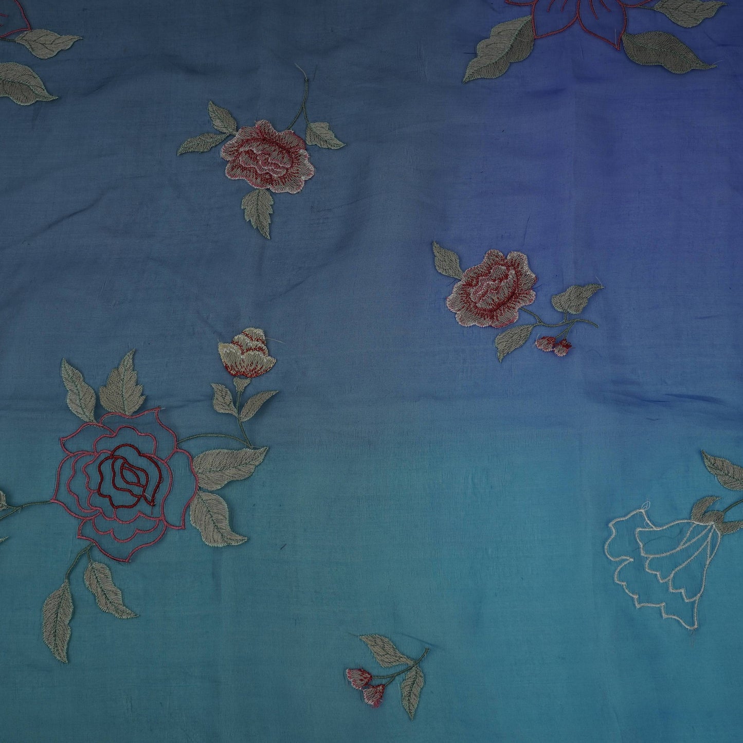 Royal Blue with Dark Green 4D floral embroidery Pure 27gm Organza Fabric GPF-32281