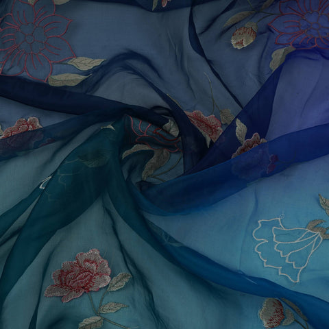 Royal Blue with Dark Green 4D floral embroidery Pure 27gm Organza Fabric GPF-32281
