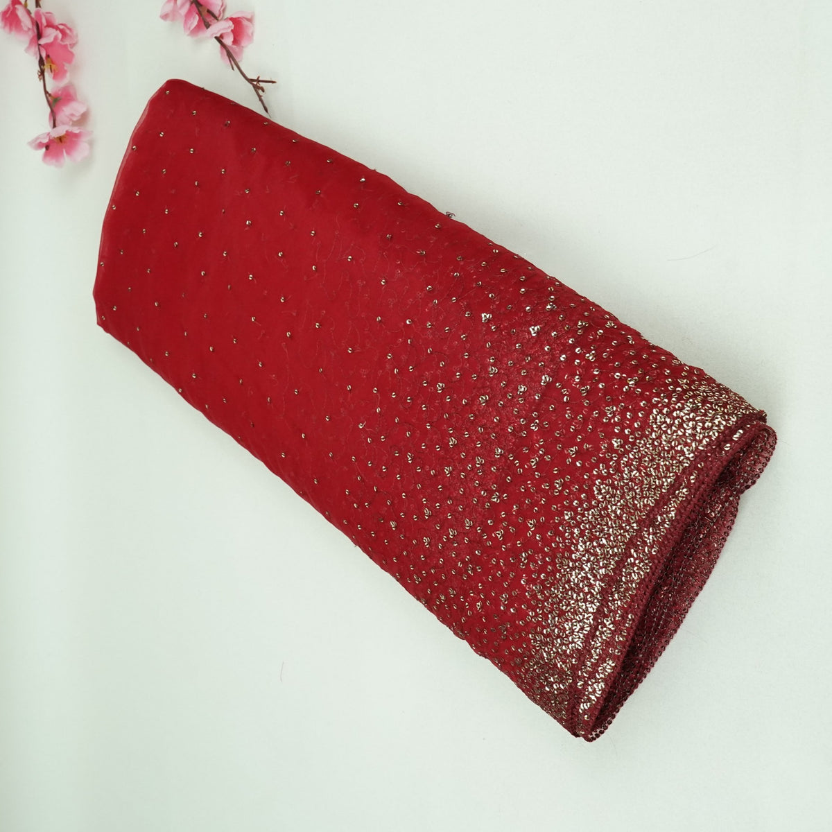 Rose Red Sequins Embroidery Kanjivaram Organza Fabric JD-34060
