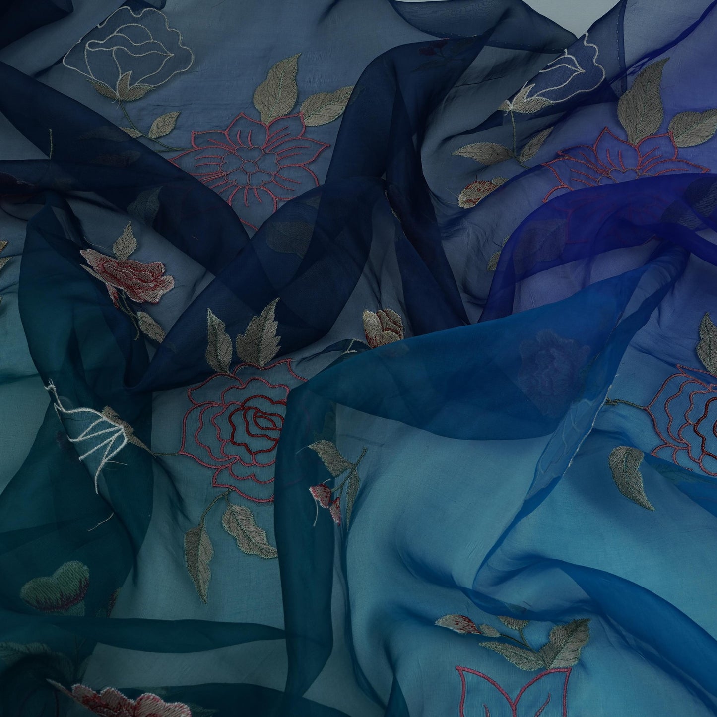 Royal Blue with Dark Green 4D floral embroidery Pure 27gm Organza Fabric GPF-32281