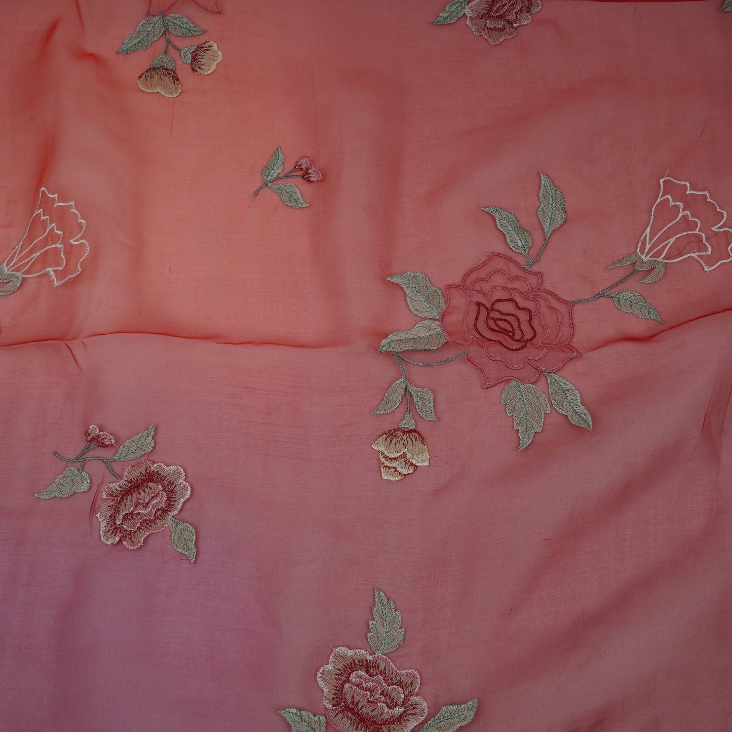 Red with Orange 4D floral embroidery Pure 27gm Organza Fabric GPF-32282