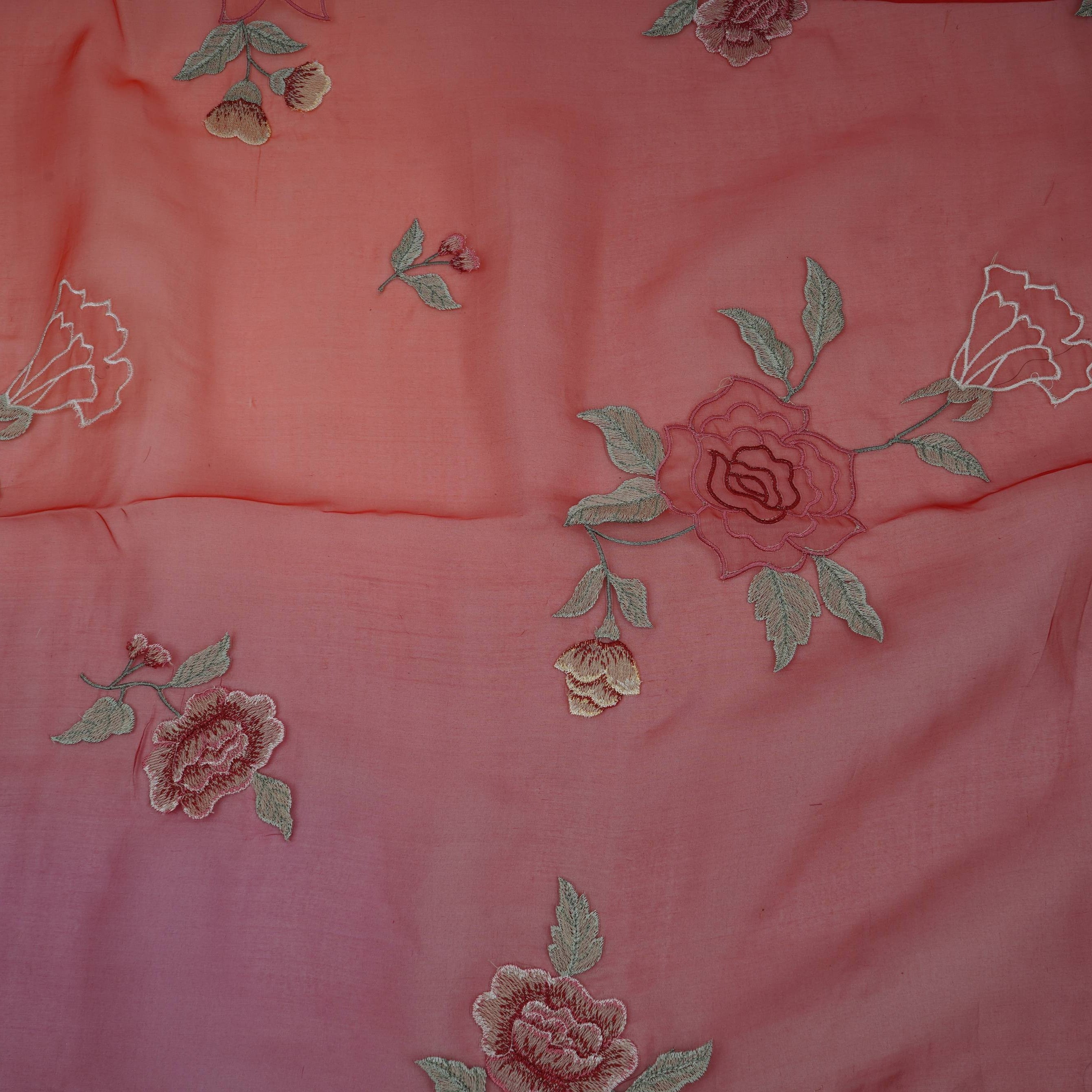 Red with Orange 4D floral embroidery Pure 27gm Organza Fabric GPF-32282 - TradeUNO