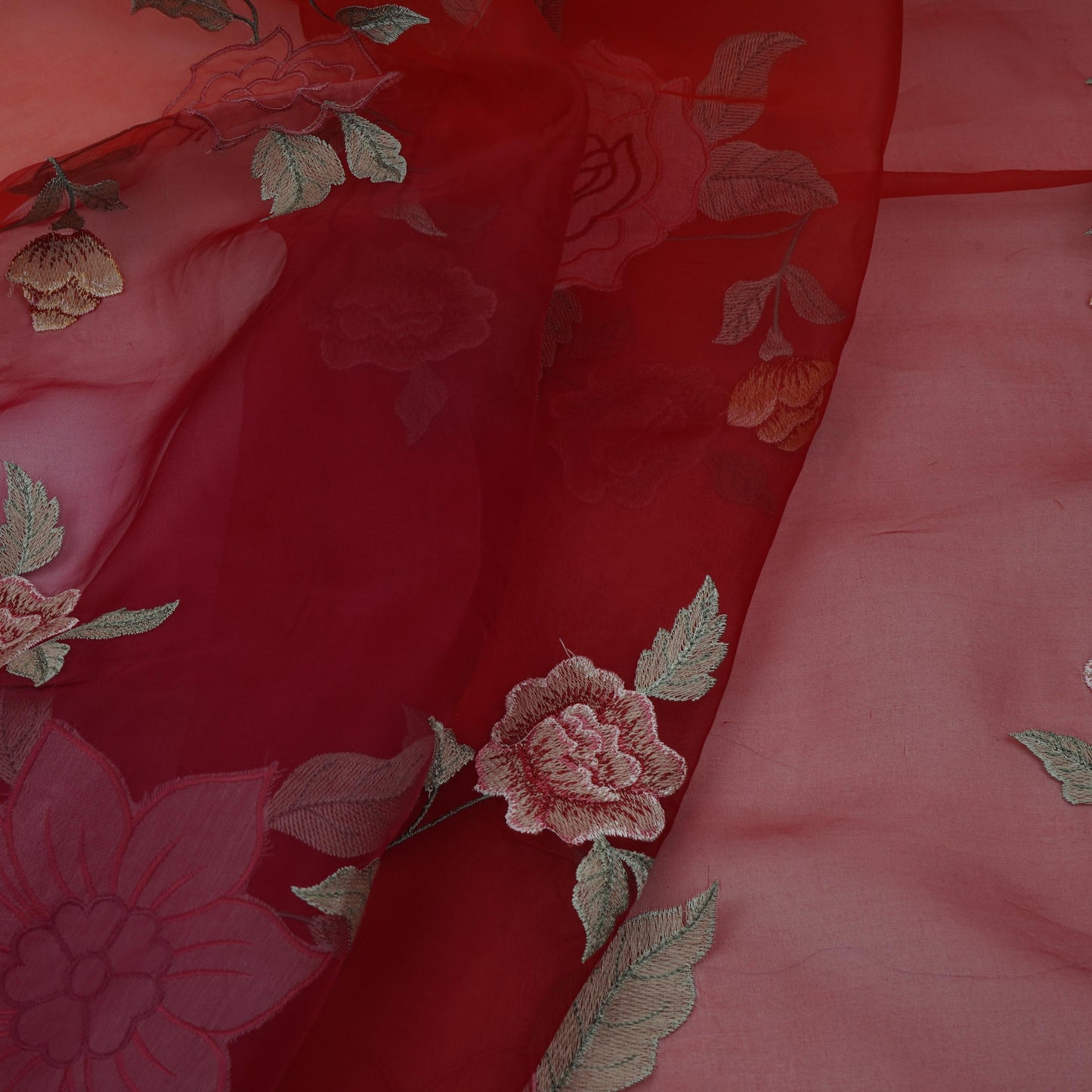 Red with Orange 4D floral embroidery Pure 27gm Organza Fabric GPF-32282