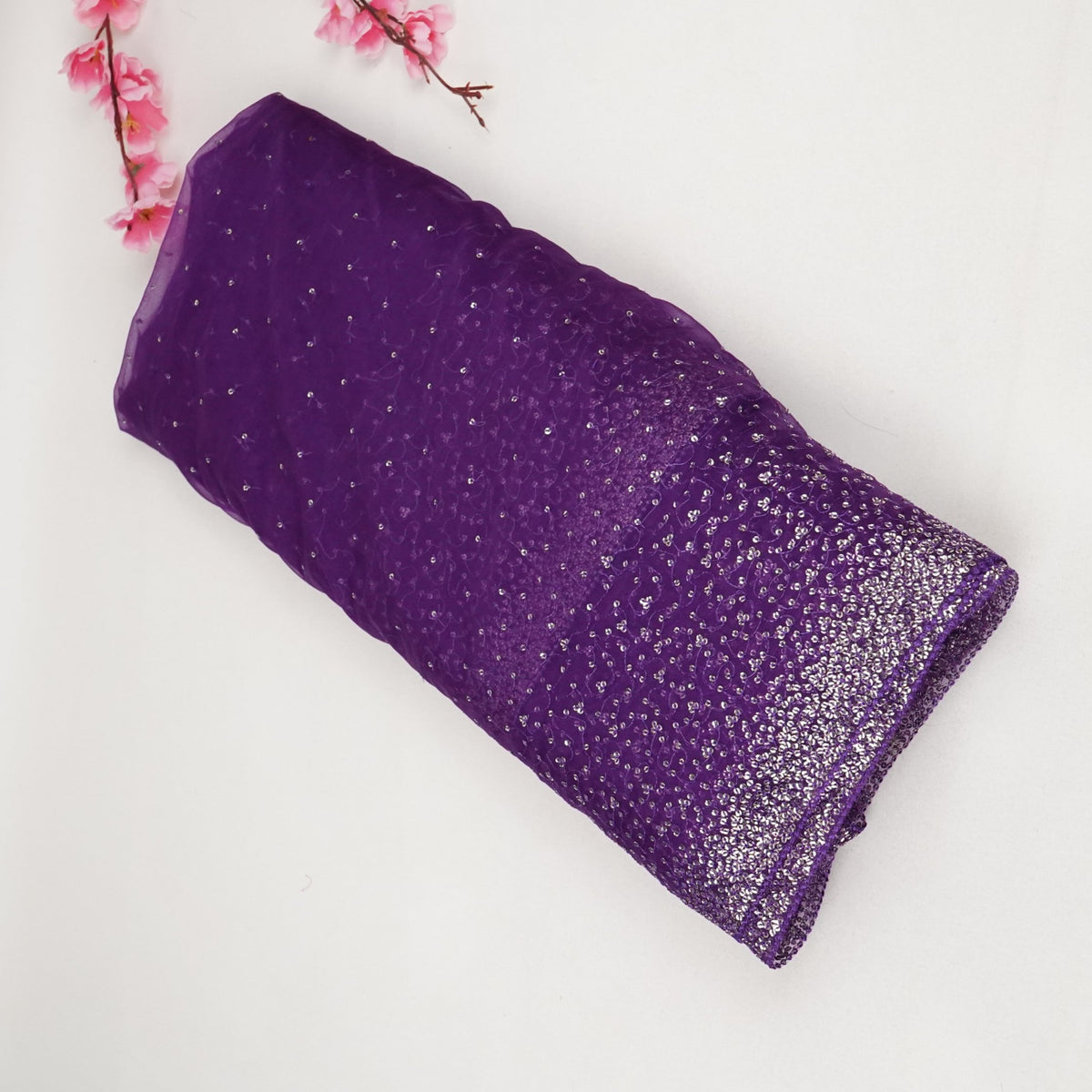 Purple Sequins Embroidery Kanjivaram Organza Fabric JD-34062