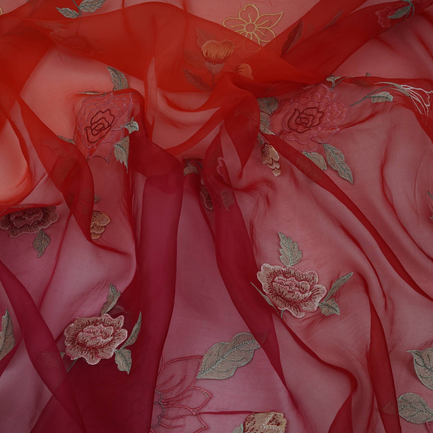 Red with Orange 4D floral embroidery Pure 27gm Organza Fabric GPF-32282