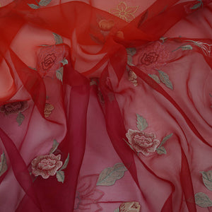 Red with Orange 4D floral embroidery Pure 27gm Organza Fabric GPF-32282 - TradeUNO