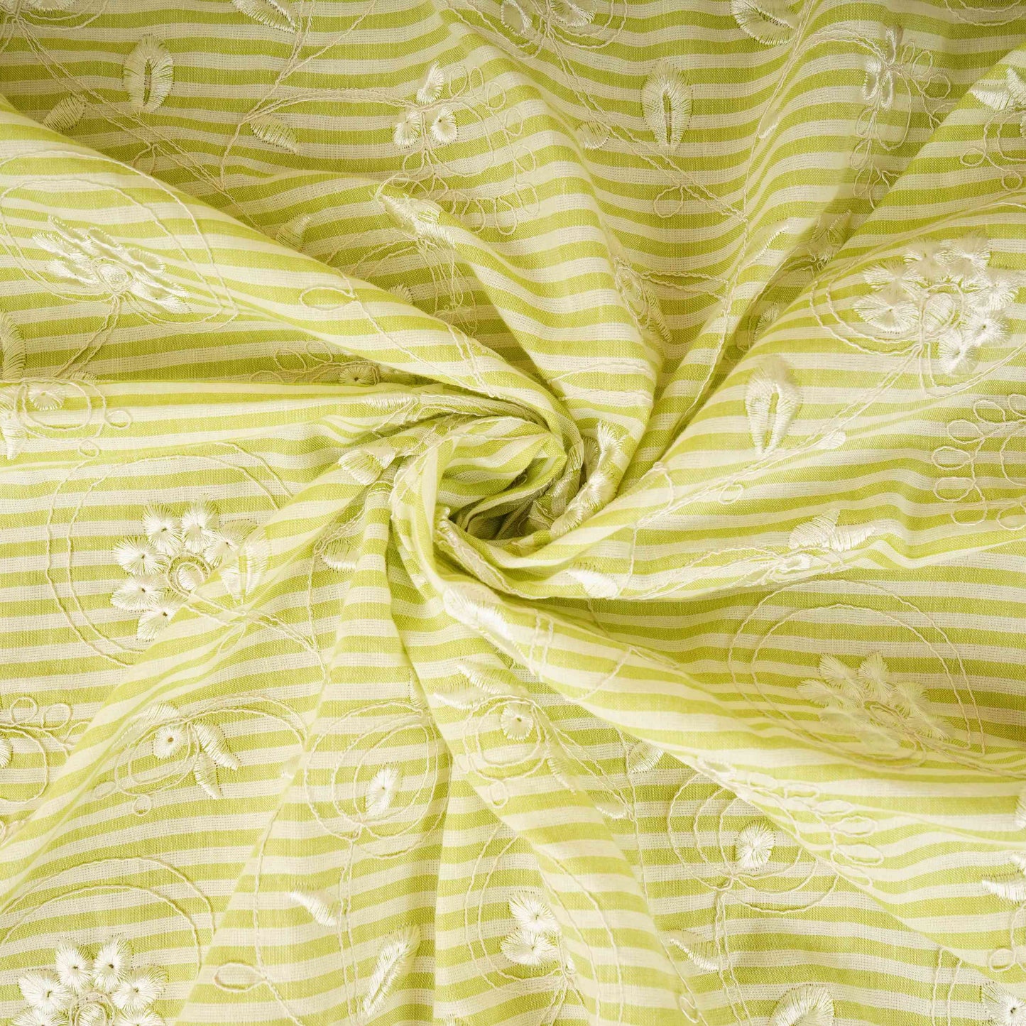 Green Stripes Floral Embroidery South Cotton Fabric ZA-30580