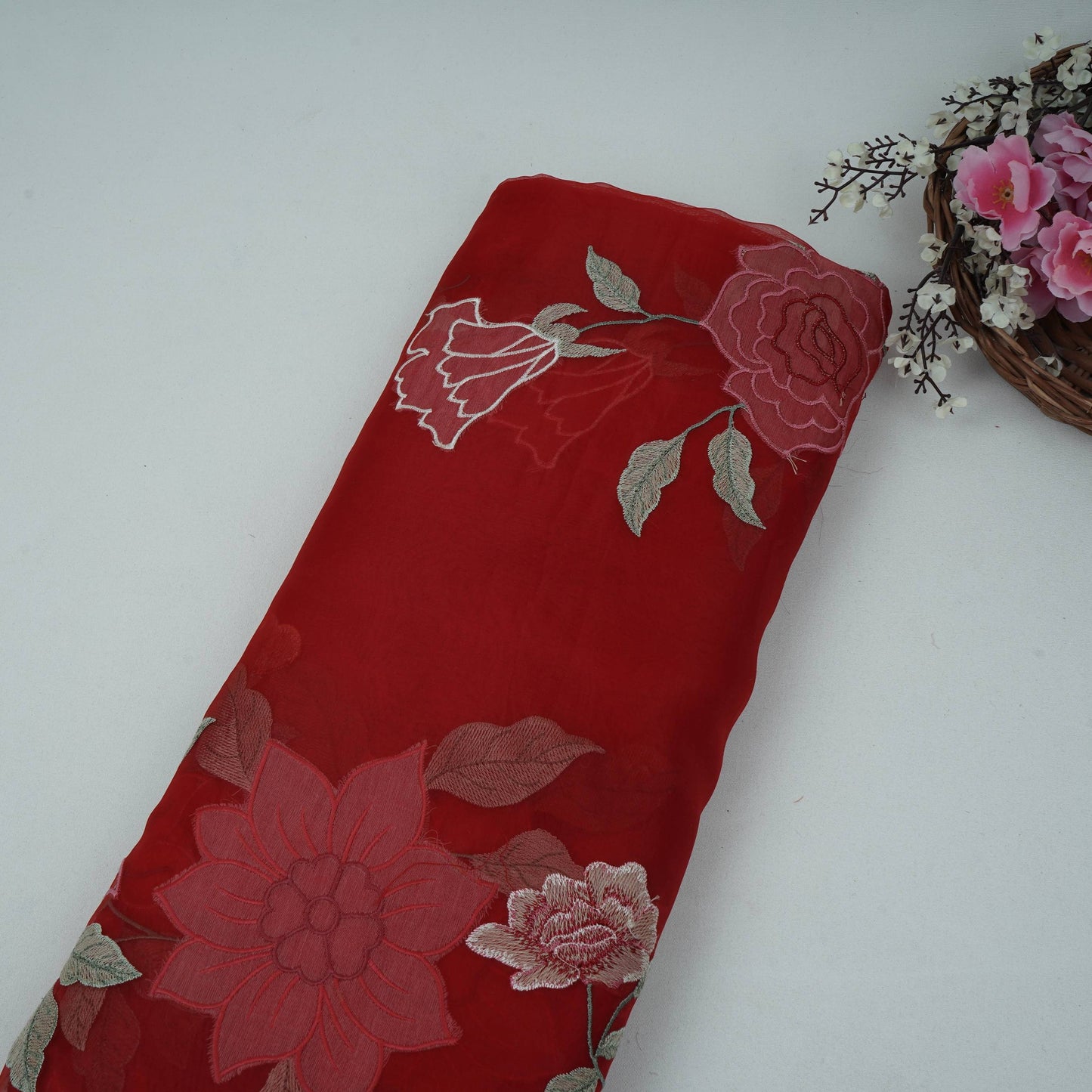 Red with Orange 4D floral embroidery Pure 27gm Organza Fabric GPF-32282