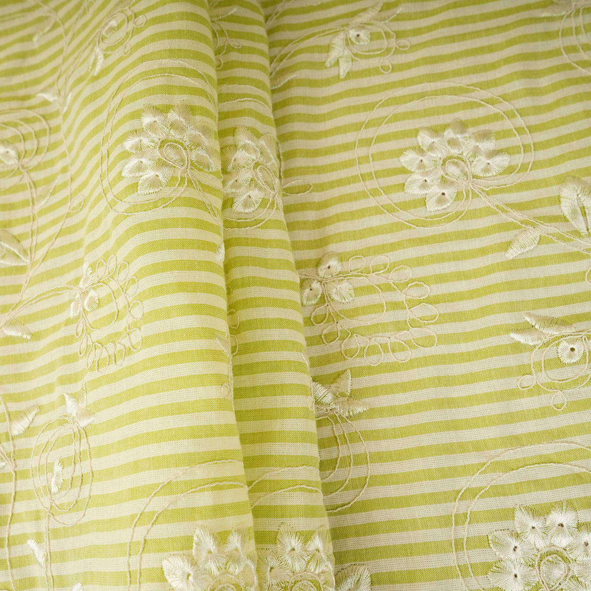 Green Stripes Floral Embroidery South Cotton Fabric ZA-30580 - TradeUNO
