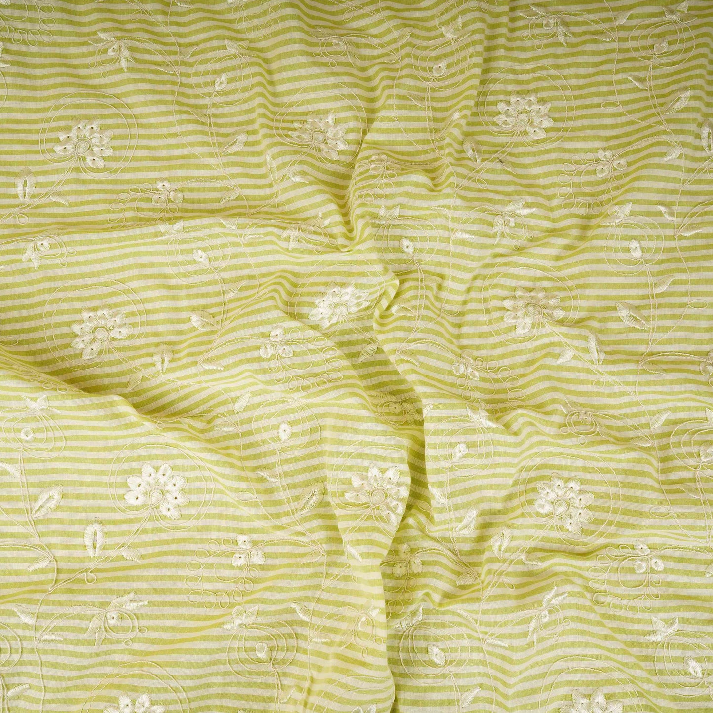 Green Stripes Floral Embroidery South Cotton Fabric ZA-30580