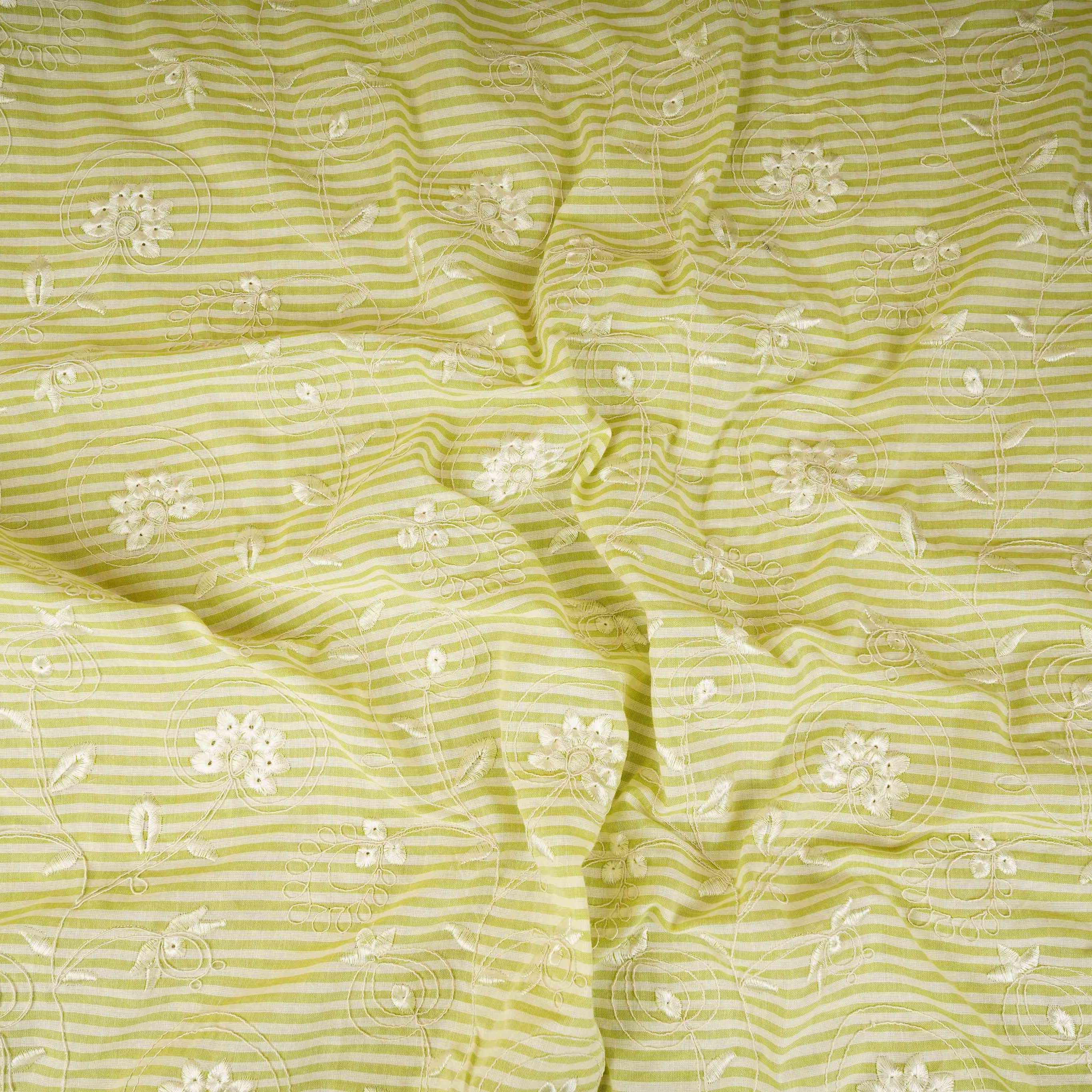Green Stripes Floral Embroidery South Cotton Fabric ZA-30580 - TradeUNO