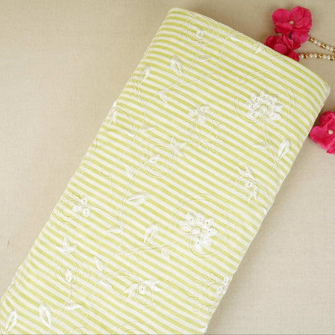 Green Stripes Floral Embroidery South Cotton Fabric ZA-30580