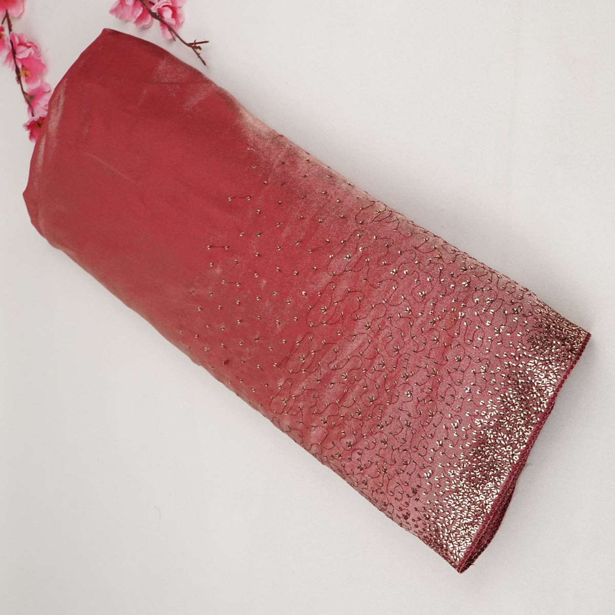 Rose Red Shimmer Sequins Embroidery Kanjivaram Organza Fabric JD-34061