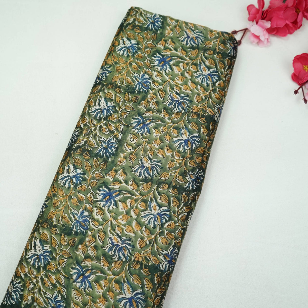 Olive Green Floral Print Modal Satin Fabric VP-35406