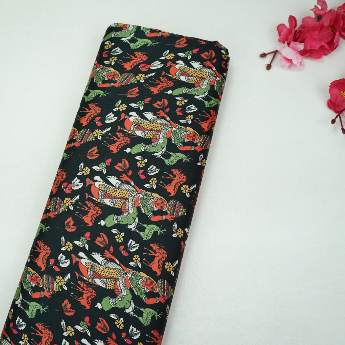 Black Floral Print Modal Satin Fabric VP-35418