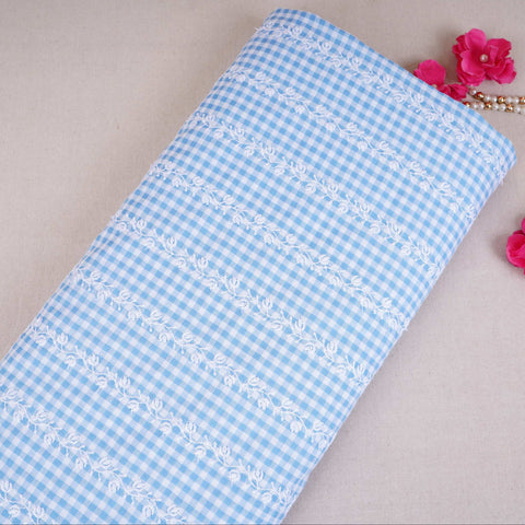 Sky Blue & White Check Floral Stripes Embroidery Cotton Fabric MJF-30621