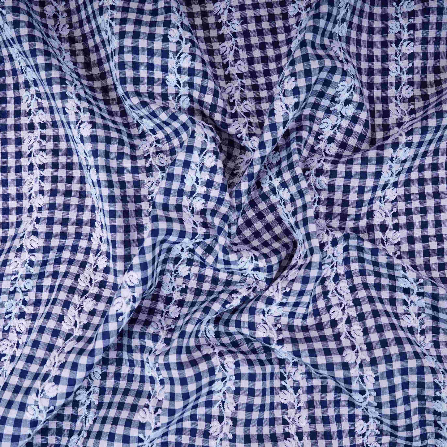 Navy Blue & White Check Floral Stripes Embroidery Cotton Fabric MJF-30615
