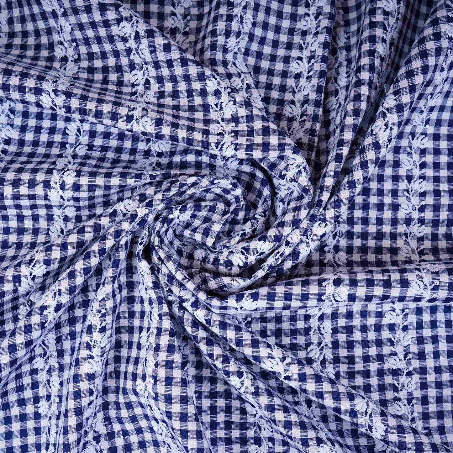 Navy Blue & White Check Floral Stripes Embroidery Cotton Fabric MJF-30615