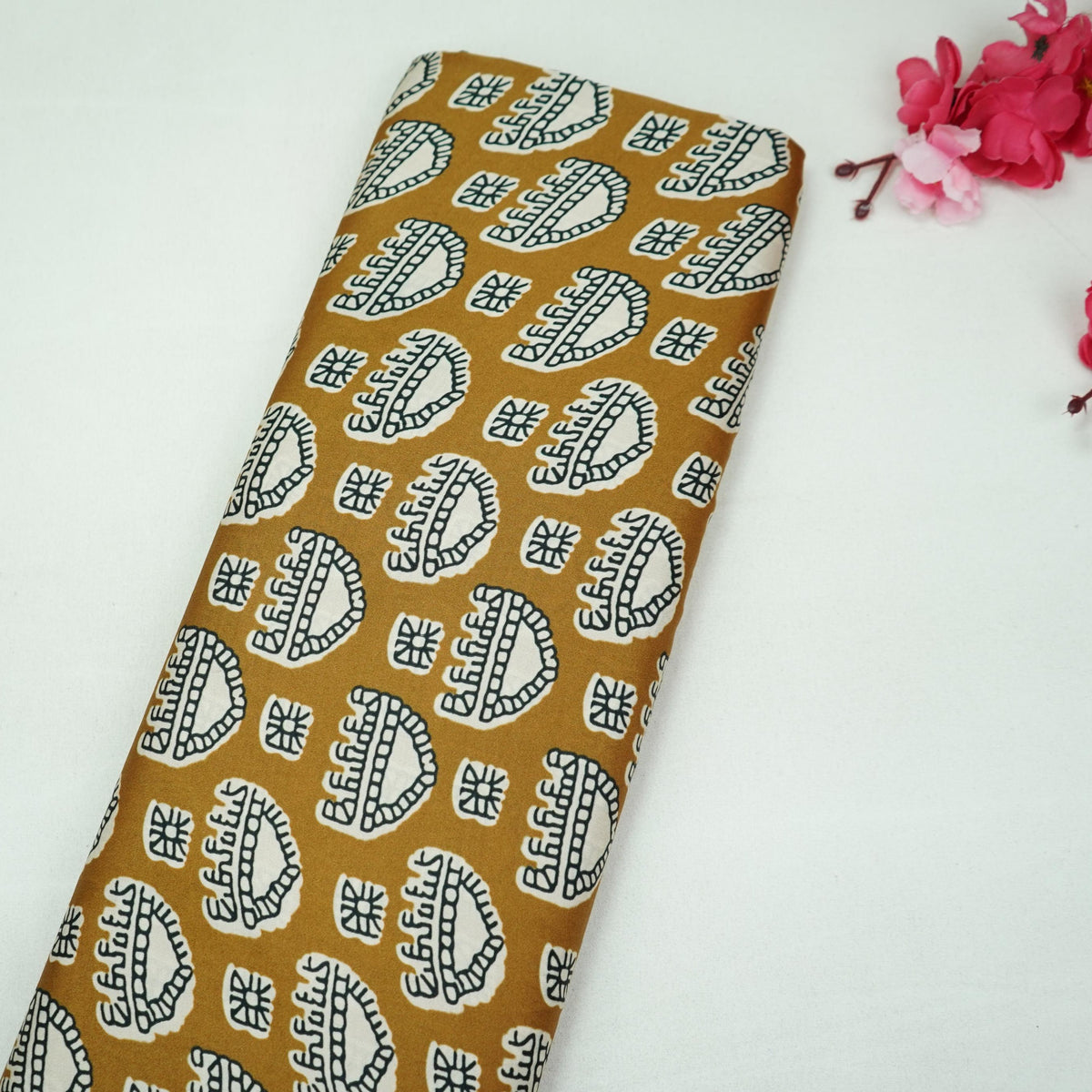 Mustard Yellow Floral Print Modal Satin Fabric VP-35414