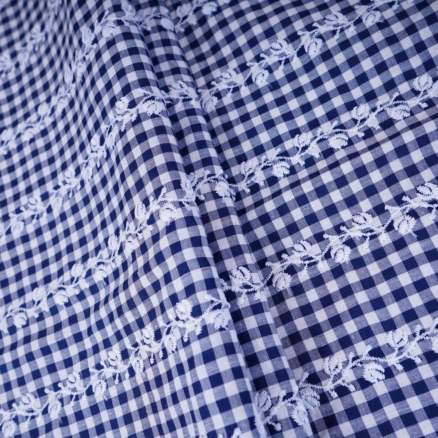 Navy Blue & White Check Floral Stripes Embroidery Cotton Fabric MJF-30615