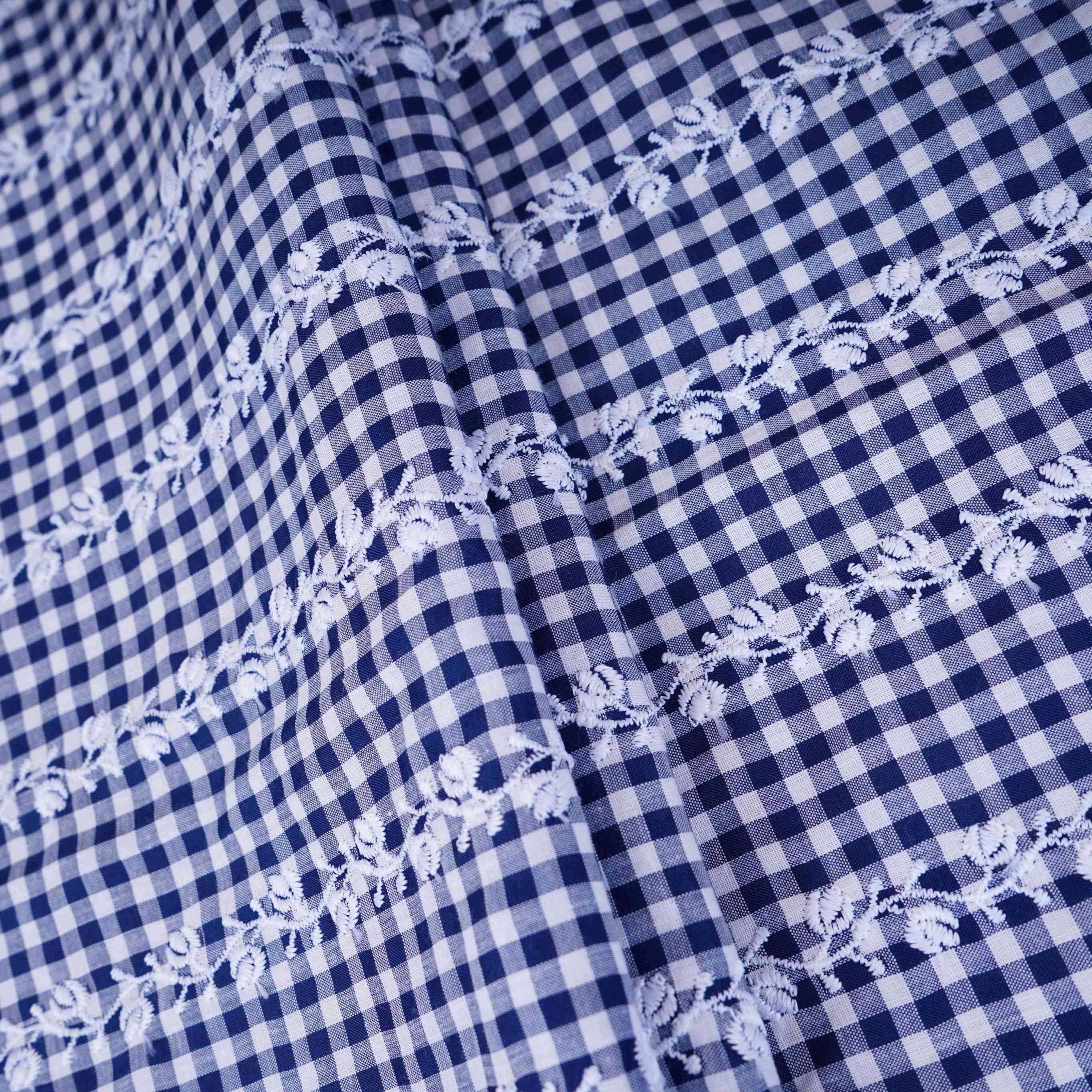 Navy Blue & White Check Floral Stripes Embroidery Cotton Fabric MJF-30615 - TradeUNO