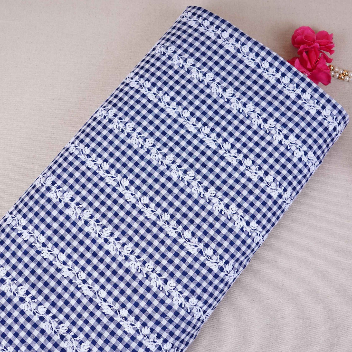 Navy Blue & White Check Floral Stripes Embroidery Cotton Fabric MJF-30615