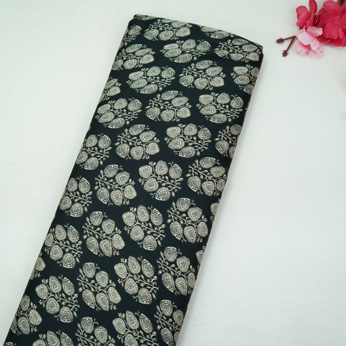 Black Floral Print Modal Satin Fabric VP-35407