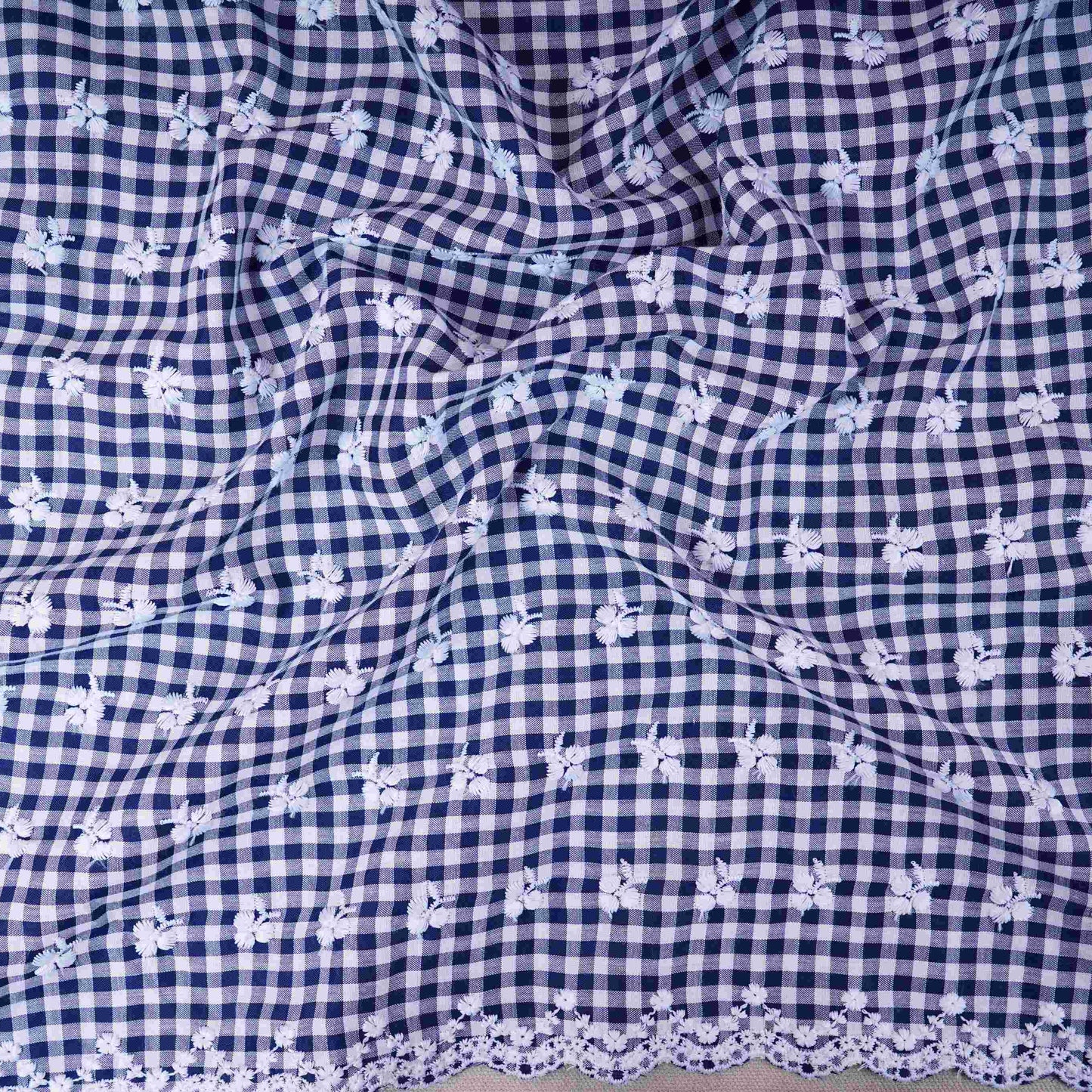 Navy Blue & White Check Floral Embroidery Cotton Fabric MJF-30614