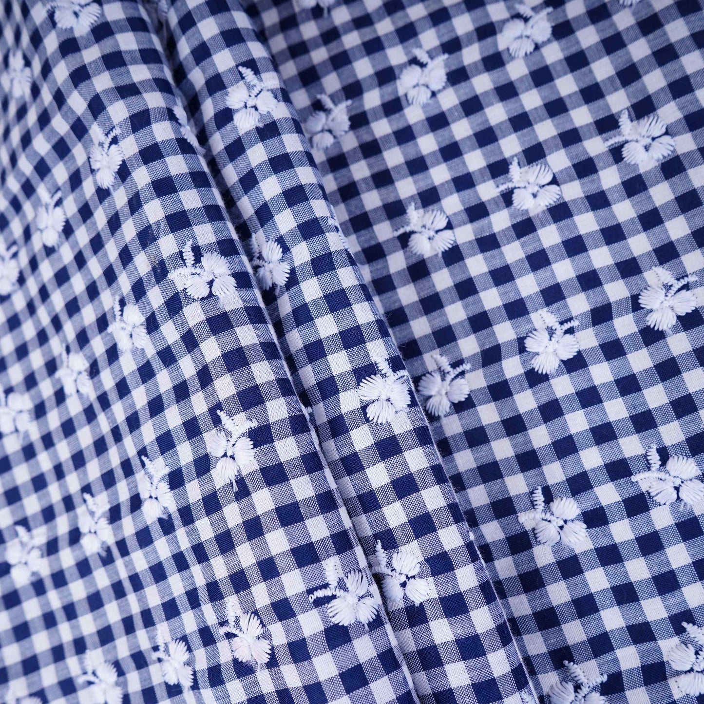 Navy Blue & White Check Floral Embroidery Cotton Fabric MJF-30614