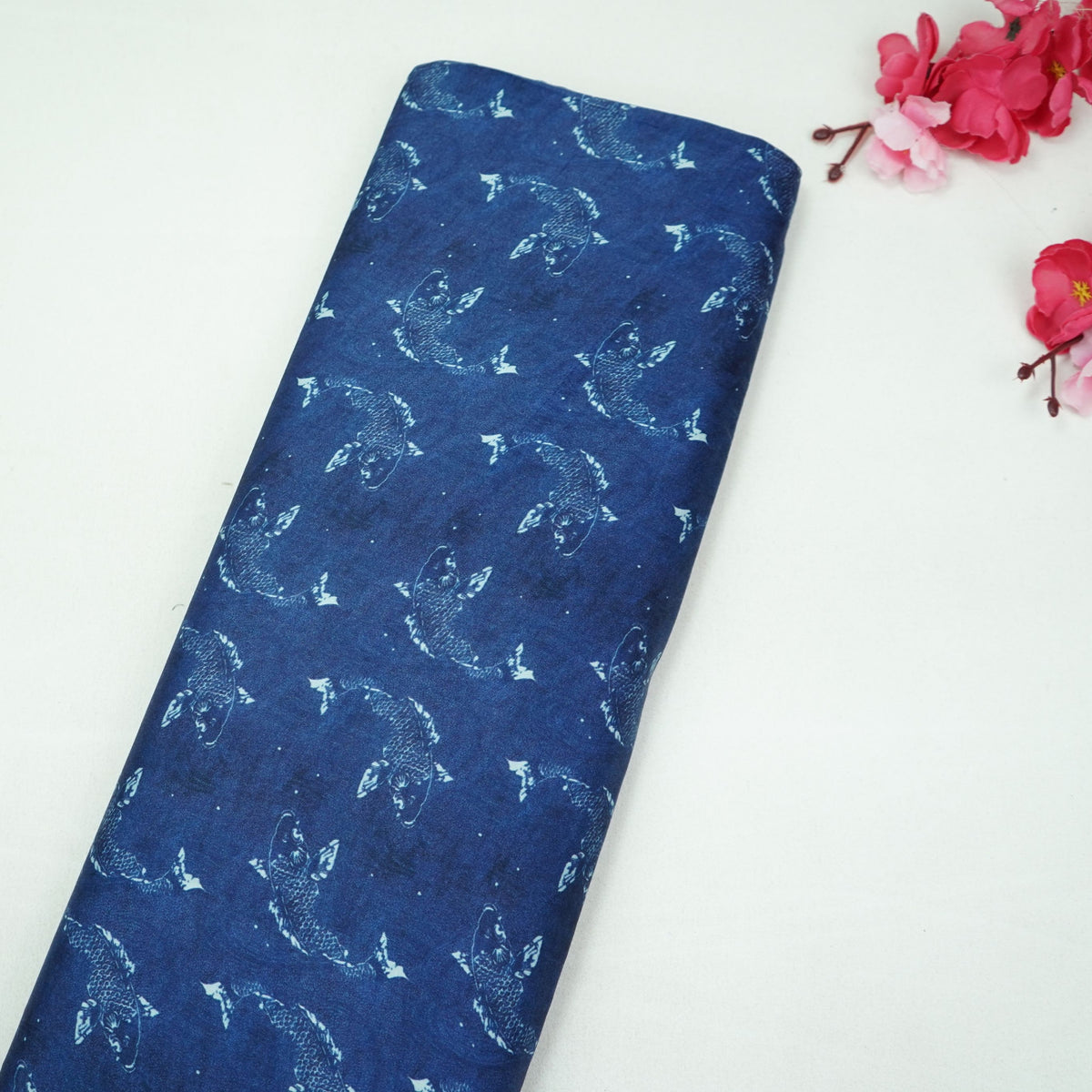 Navy Blue Floral Print Modal Satin Fabric VP-35415
