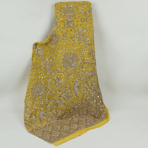 Yellow Mughal Bird & Floral Jaal Embroidery Georgette Fabric DR-32394 - TradeUNO