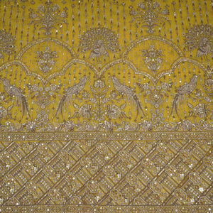 Yellow Mughal Bird & Floral Jaal Embroidery Georgette Fabric DR-32394 - TradeUNO