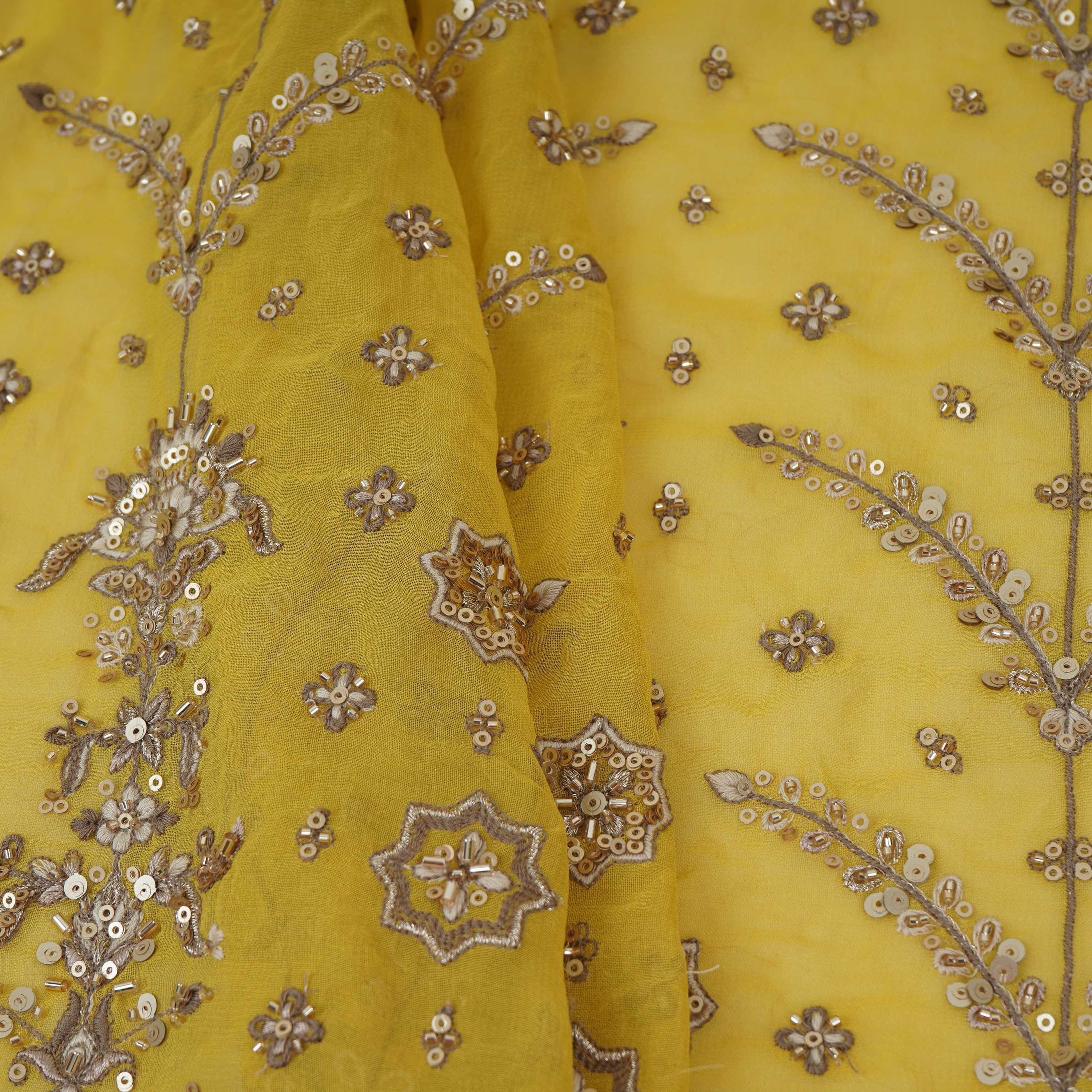 Yellow Mughal Bird & Floral Jaal Embroidery Georgette Fabric DR-32394 - TradeUNO