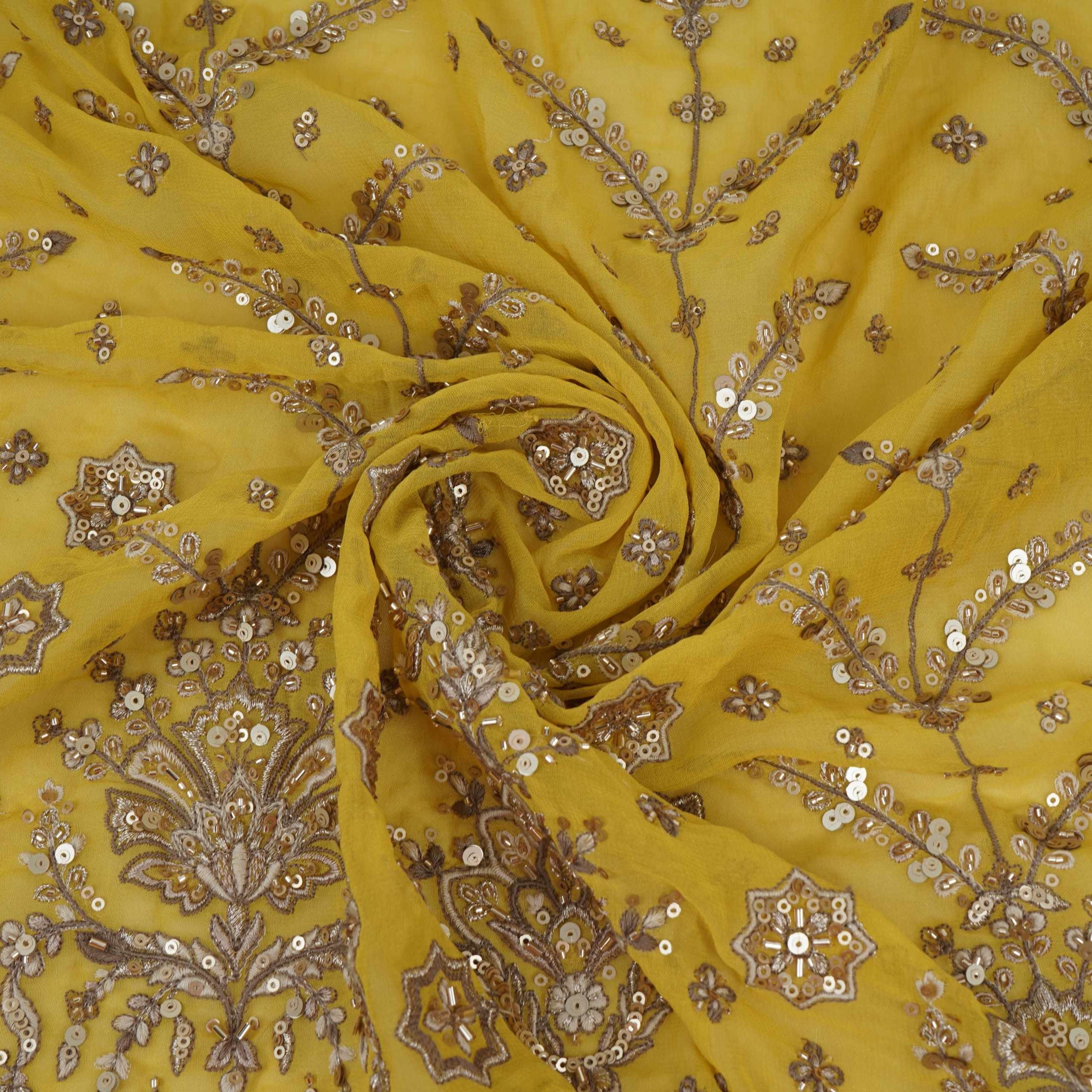 Yellow Mughal Bird & Floral Jaal Embroidery Georgette Fabric DR-32394 - TradeUNO
