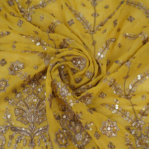 Yellow Mughal Bird & Floral Jaal Embroidery Georgette Fabric DR-32394 - TradeUNO